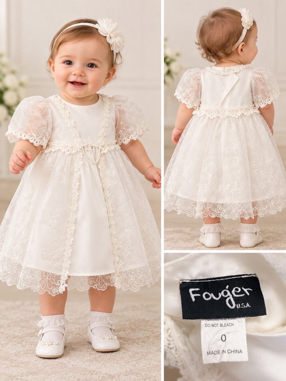 Fouger Baby Girls Size 0 White Lace Christening Baptism Dress